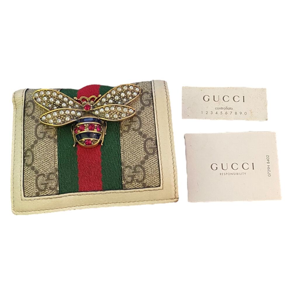 Gucci Bee Cream Queen Margaret GG Leather Folding Wallet